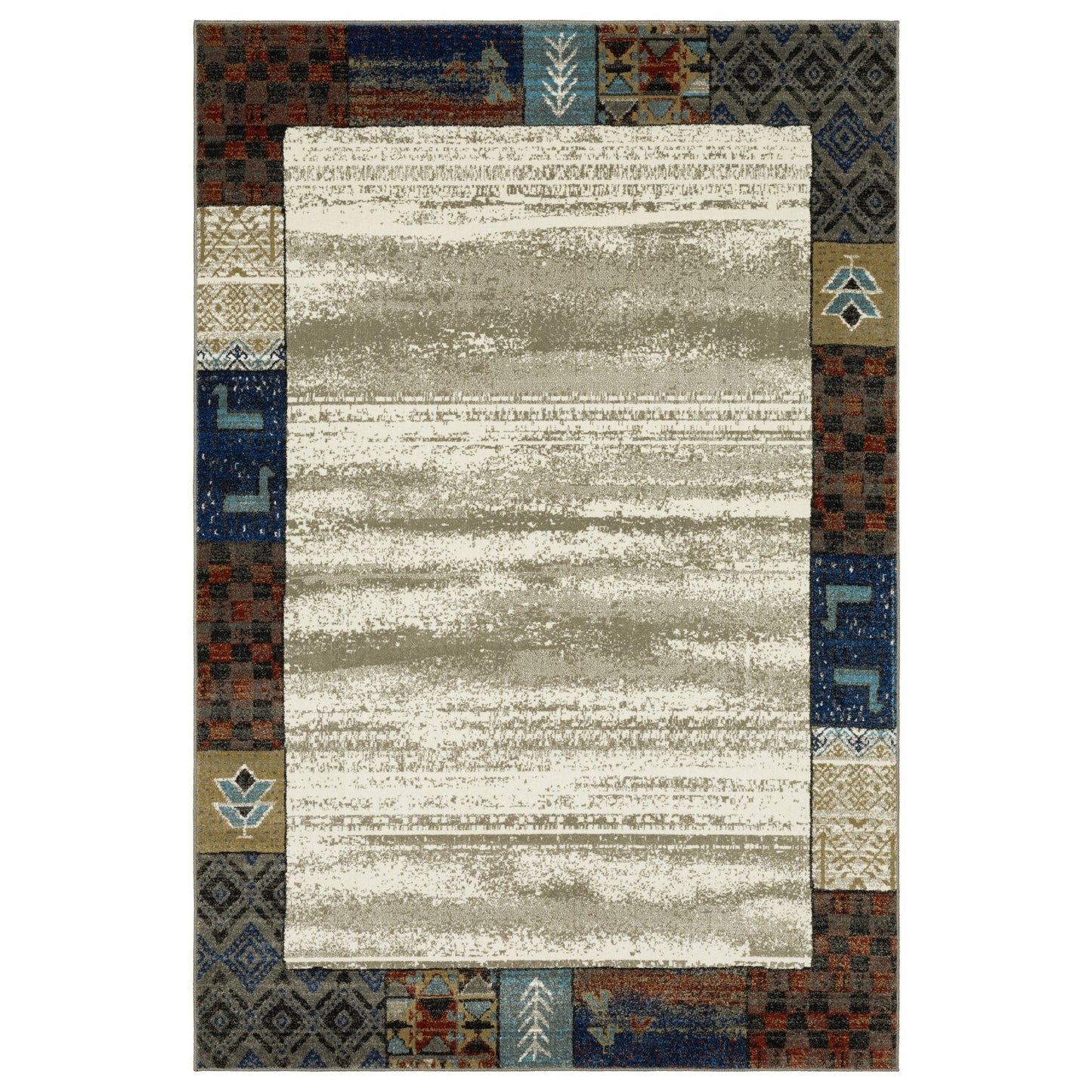 10' X 13' Ivory Tan And Blue Patchwork Area Rug