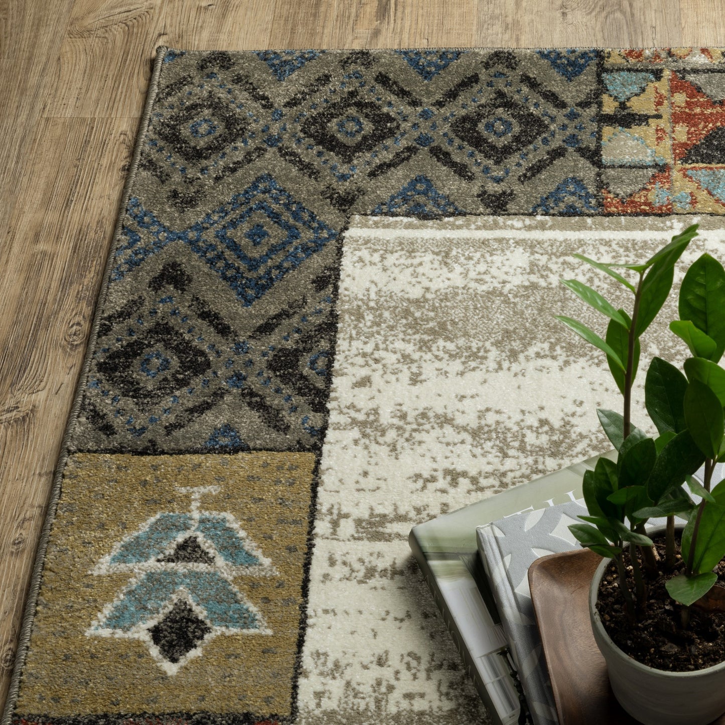 10' X 13' Ivory Tan And Blue Patchwork Area Rug