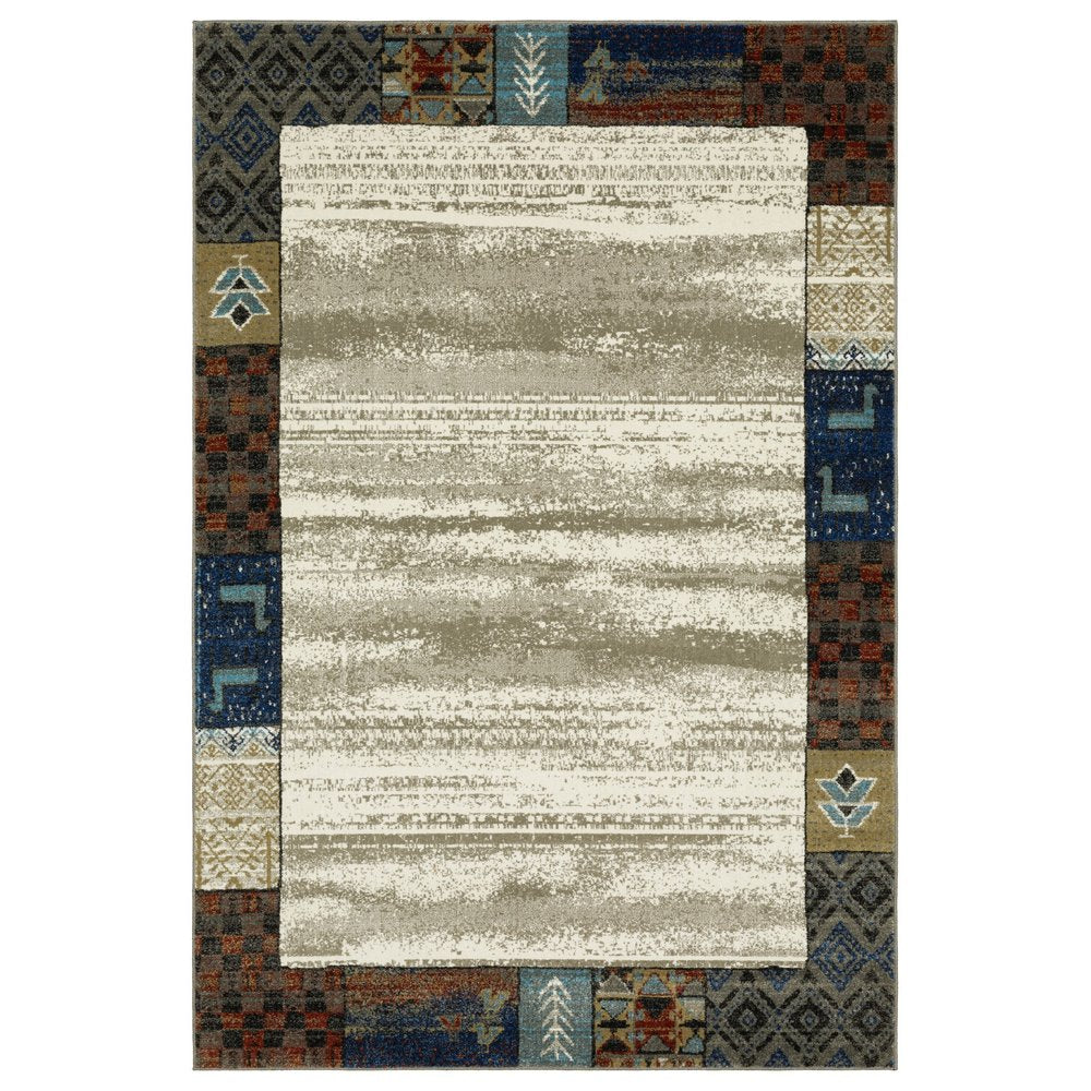 10' X 13' Ivory Tan And Blue Patchwork Area Rug
