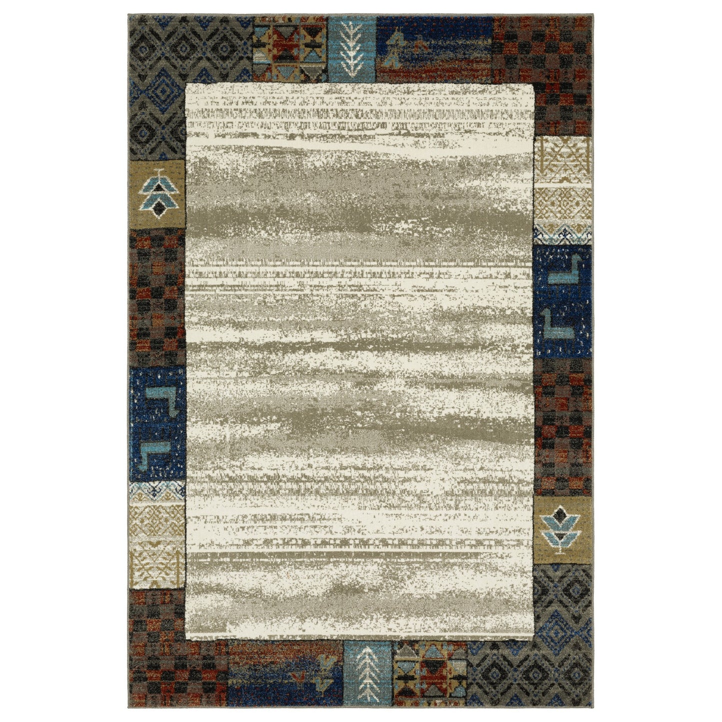 10' X 13' Ivory Tan And Blue Patchwork Area Rug