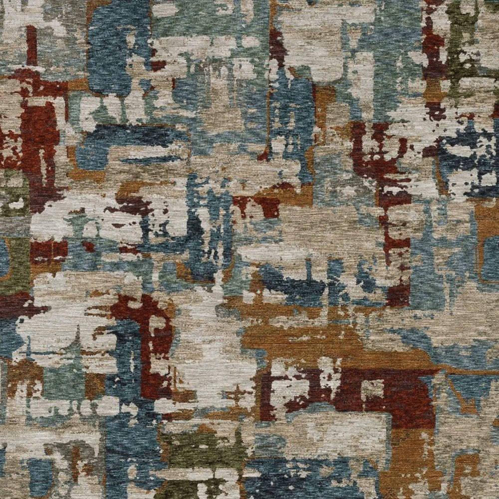 10' X 13' Beige Rust And Teal Abstract Distressed Area Rug With Fringe
