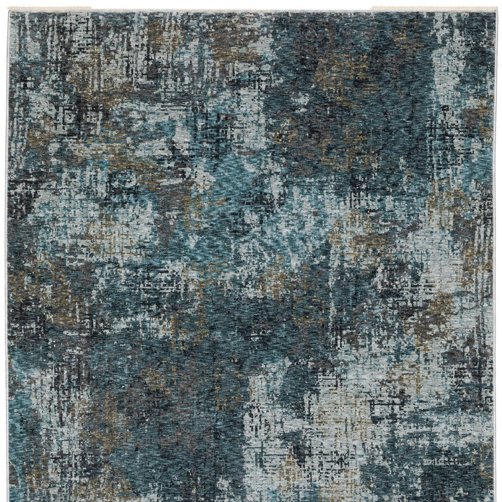 7' X 10' Blue And Gray Abstract Distressed Area Rug With Fringe