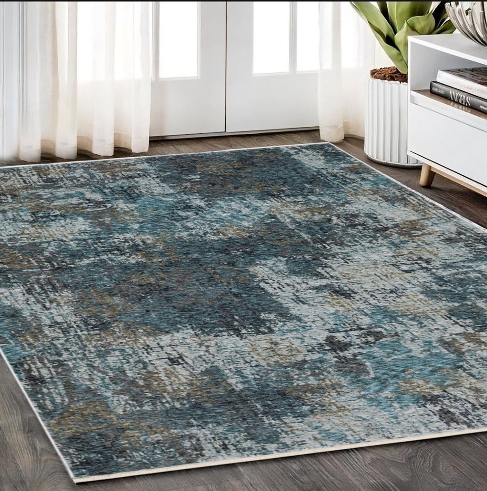 7' X 10' Blue And Gray Abstract Distressed Area Rug With Fringe