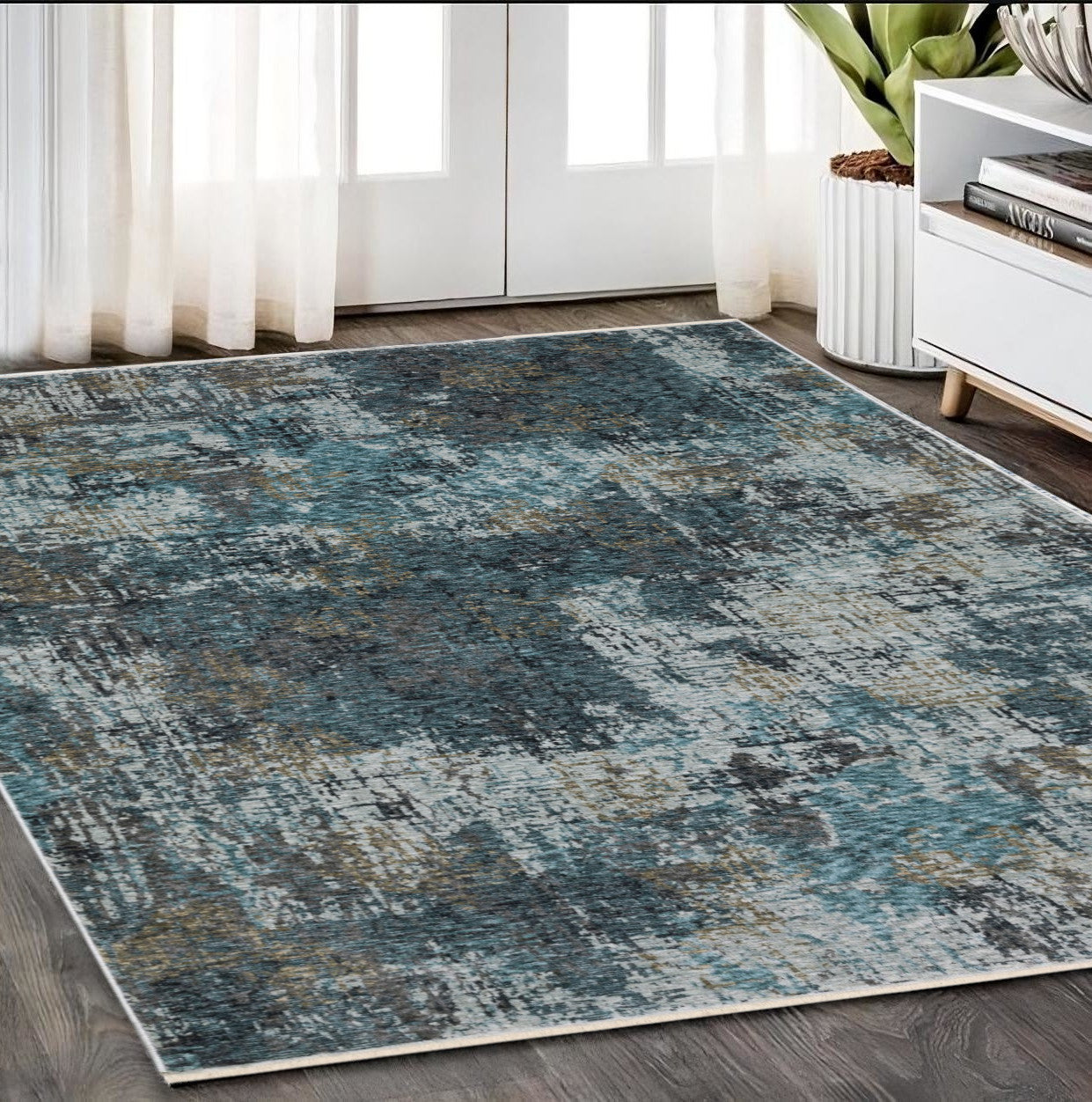 7' X 10' Blue And Gray Abstract Distressed Area Rug With Fringe