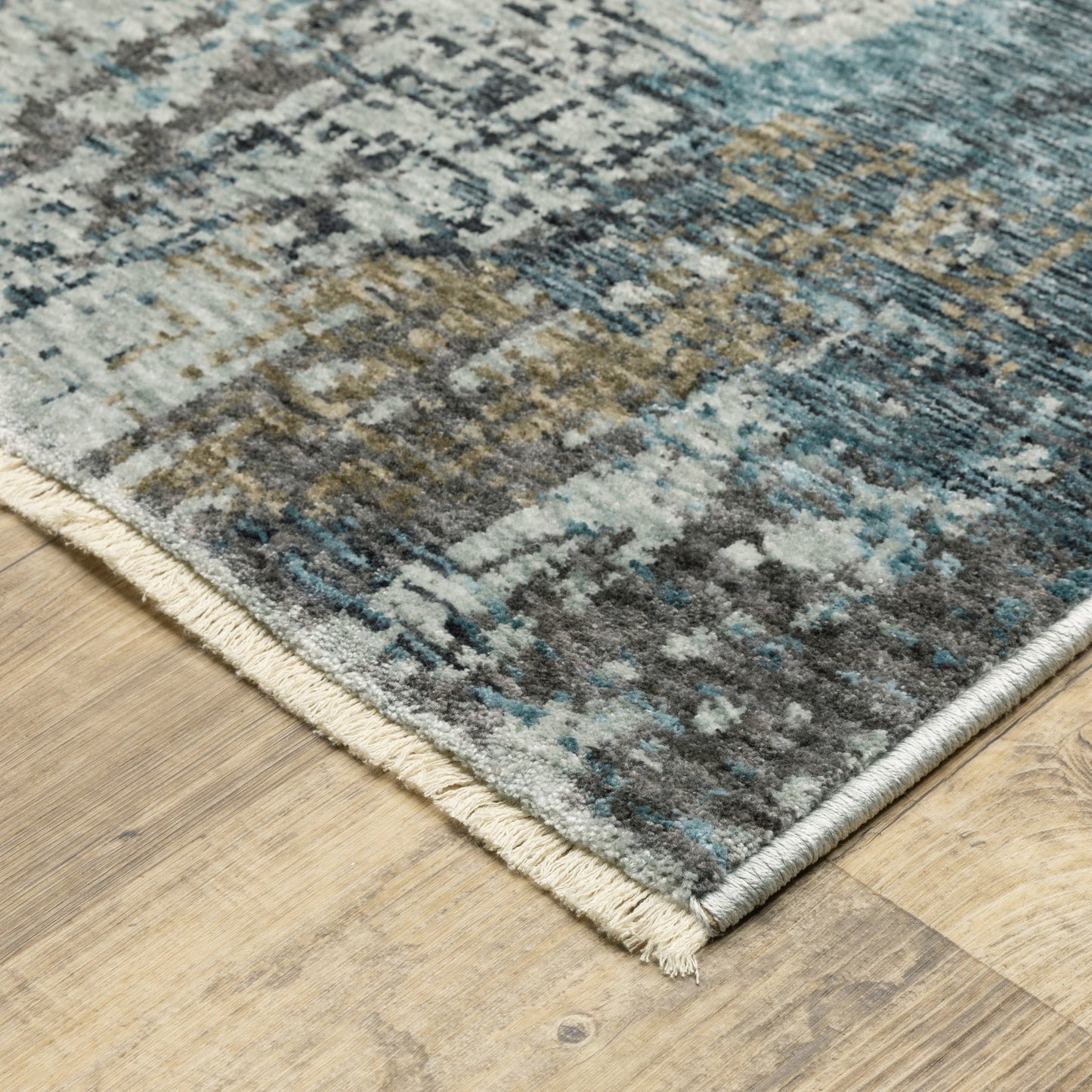 7' X 10' Blue And Gray Abstract Distressed Area Rug With Fringe