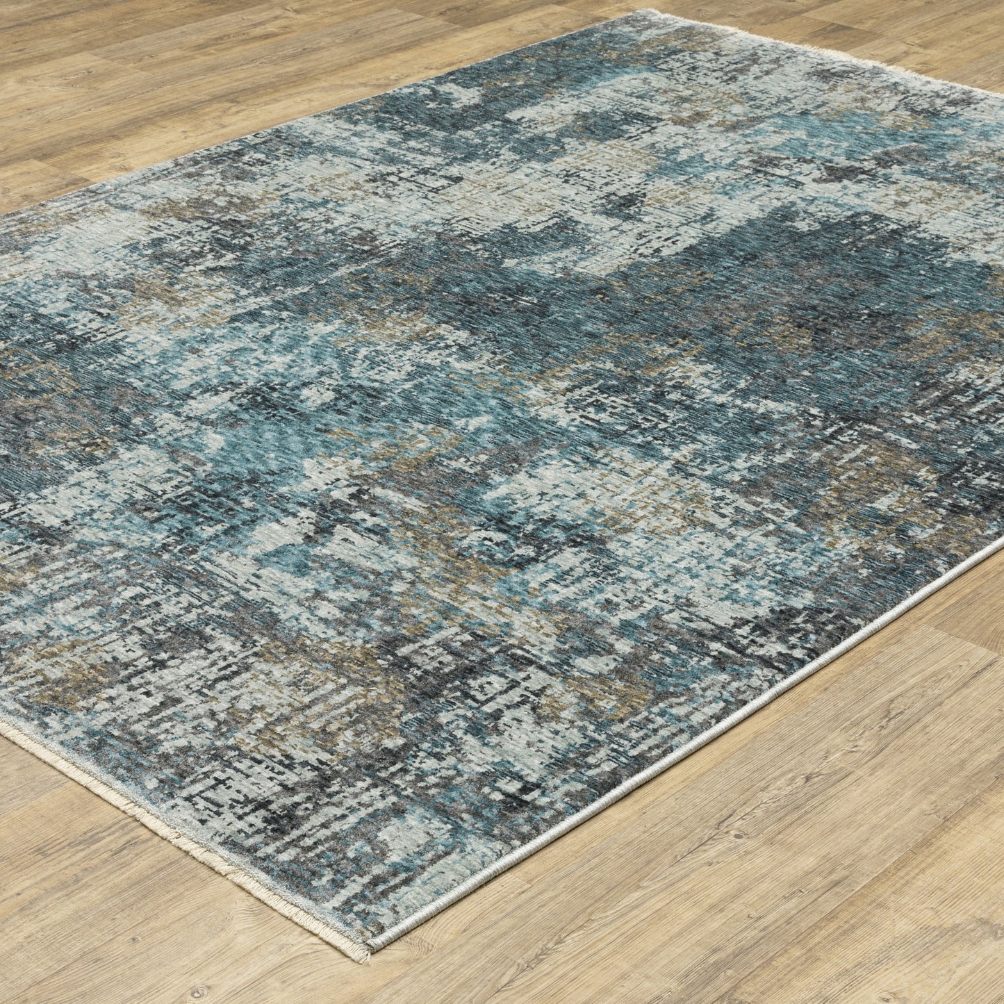 7' X 10' Blue And Gray Abstract Distressed Area Rug With Fringe