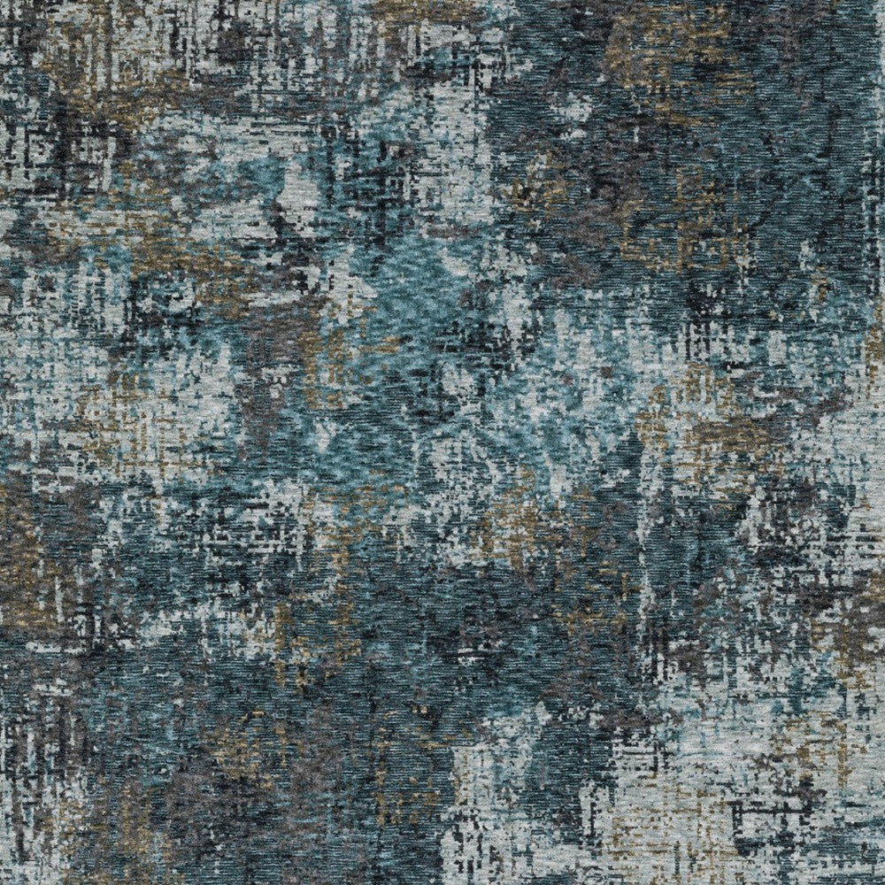 7' X 10' Blue And Gray Abstract Distressed Area Rug With Fringe