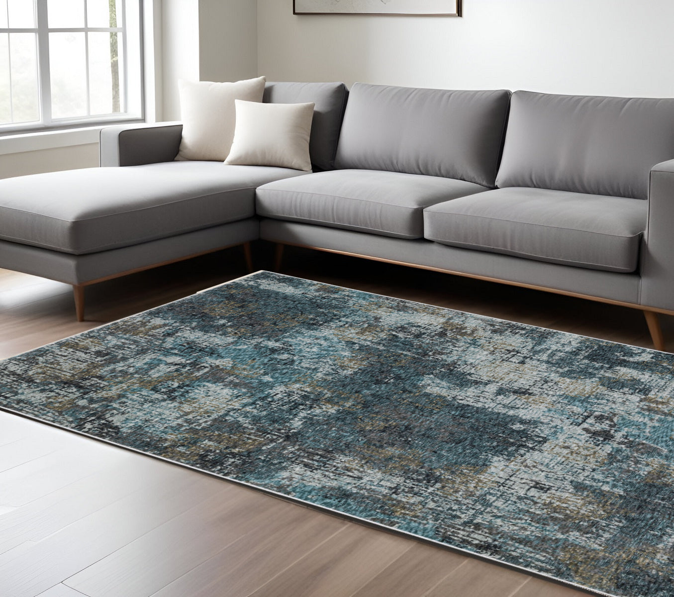 7' X 10' Blue And Gray Abstract Distressed Area Rug With Fringe