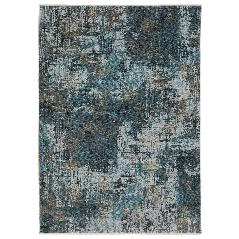7' X 10' Blue And Gray Abstract Distressed Area Rug With Fringe