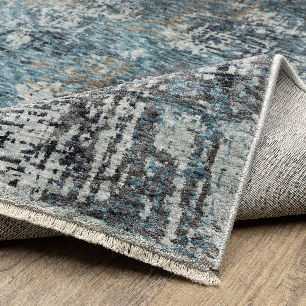 7' X 10' Blue And Gray Abstract Distressed Area Rug With Fringe