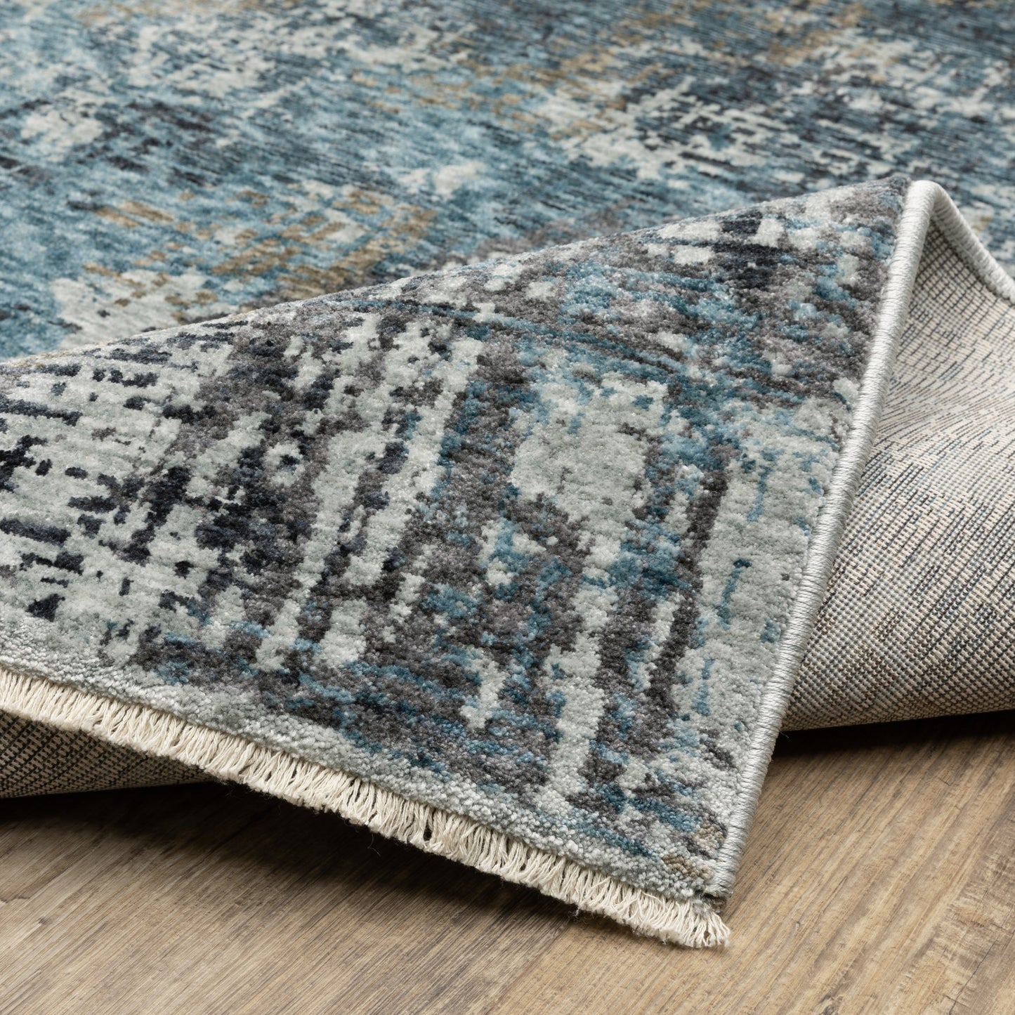 7' X 10' Blue And Gray Abstract Distressed Area Rug With Fringe