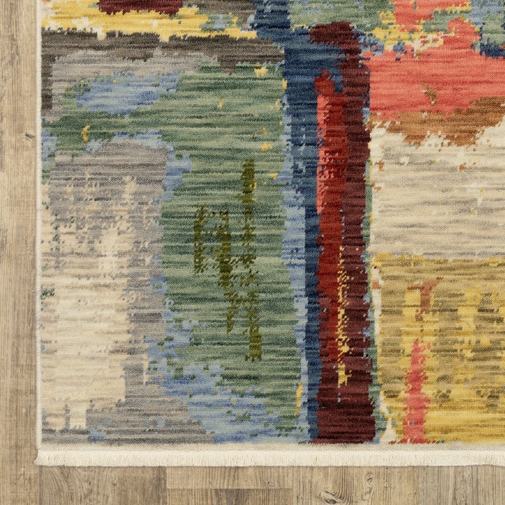 10' X 13' Pink Red And Yellow Abstract Area Rug With Fringe
