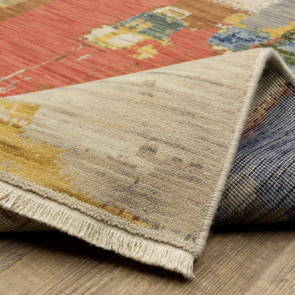 10' X 13' Pink Red And Yellow Abstract Area Rug With Fringe