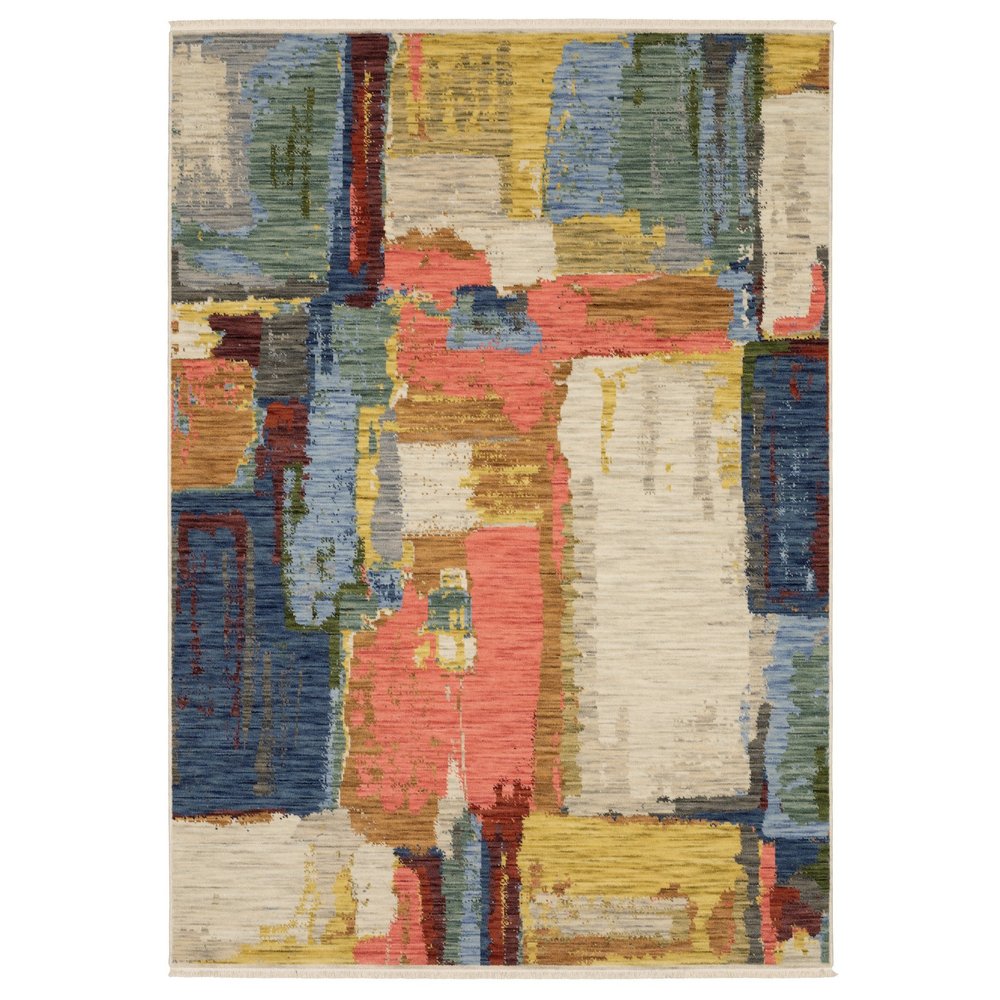10' X 13' Pink Red And Yellow Abstract Area Rug With Fringe