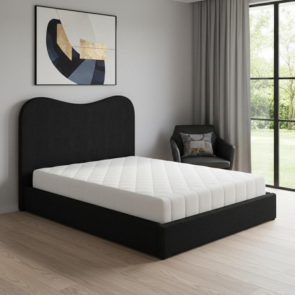 Black Ribbed Texture Velvet Upholstered Queen Bed Frame