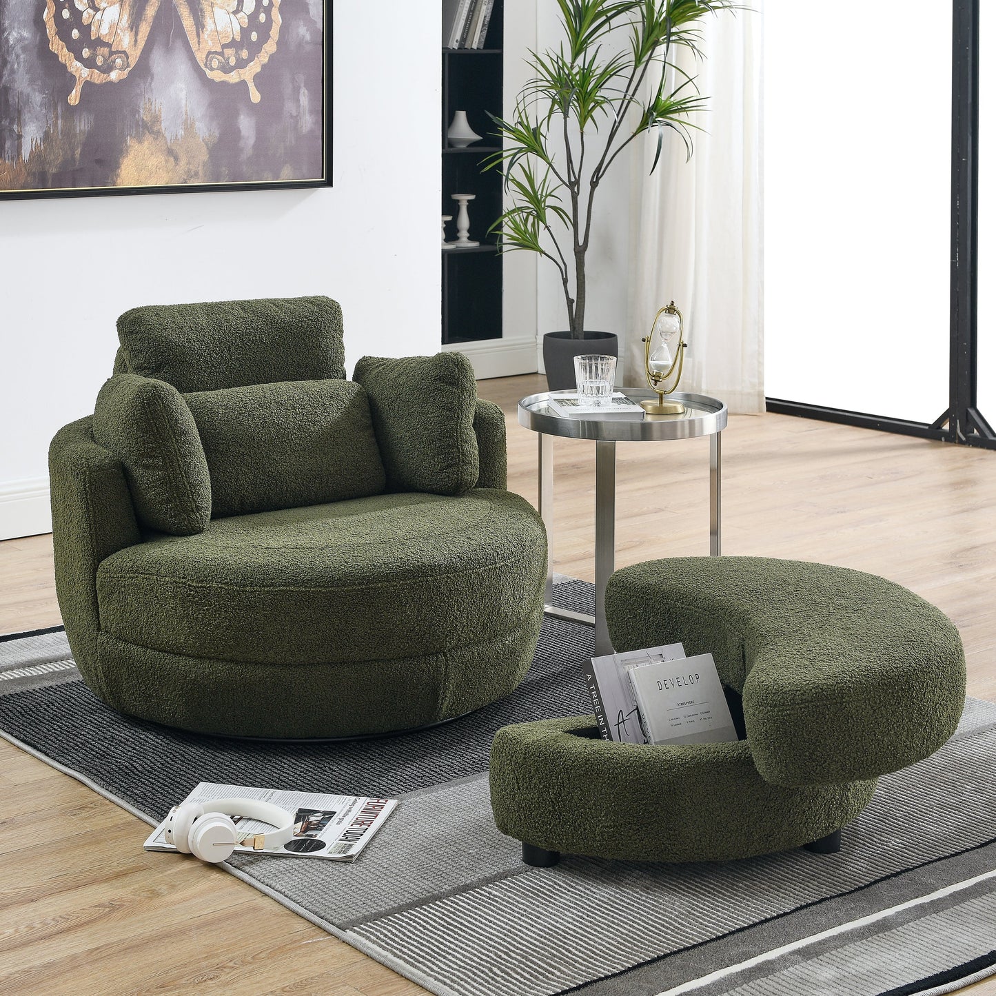 Oversized Swivel Chair with Moon Storage Ottoman for Living Room Seating