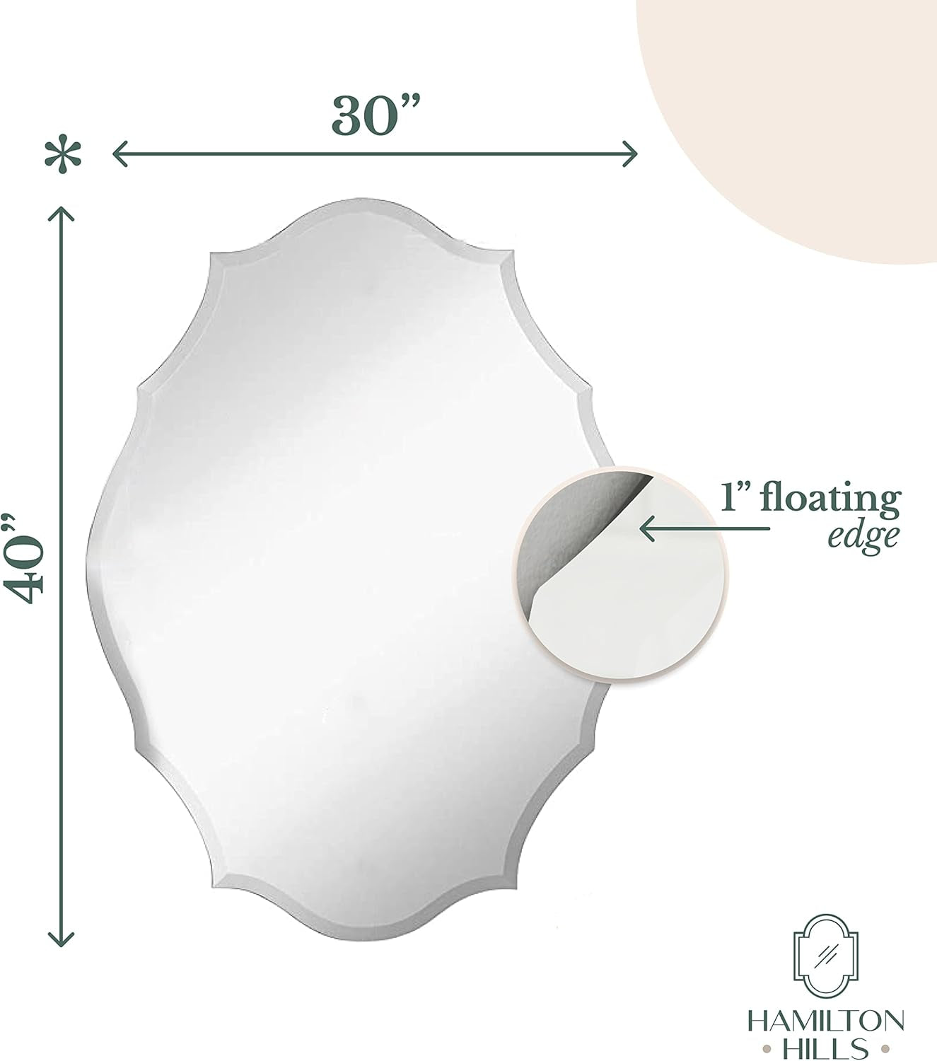 Hamilton Hills 30" X 40" Modern Silver Polished Glass Rectangular Mirror | Elaborate Scallop Wall Mirror Scalloped Edges Vanity for Bedroom, Bathroom and Living-Rooms| Hangs Horizontal and Vertical