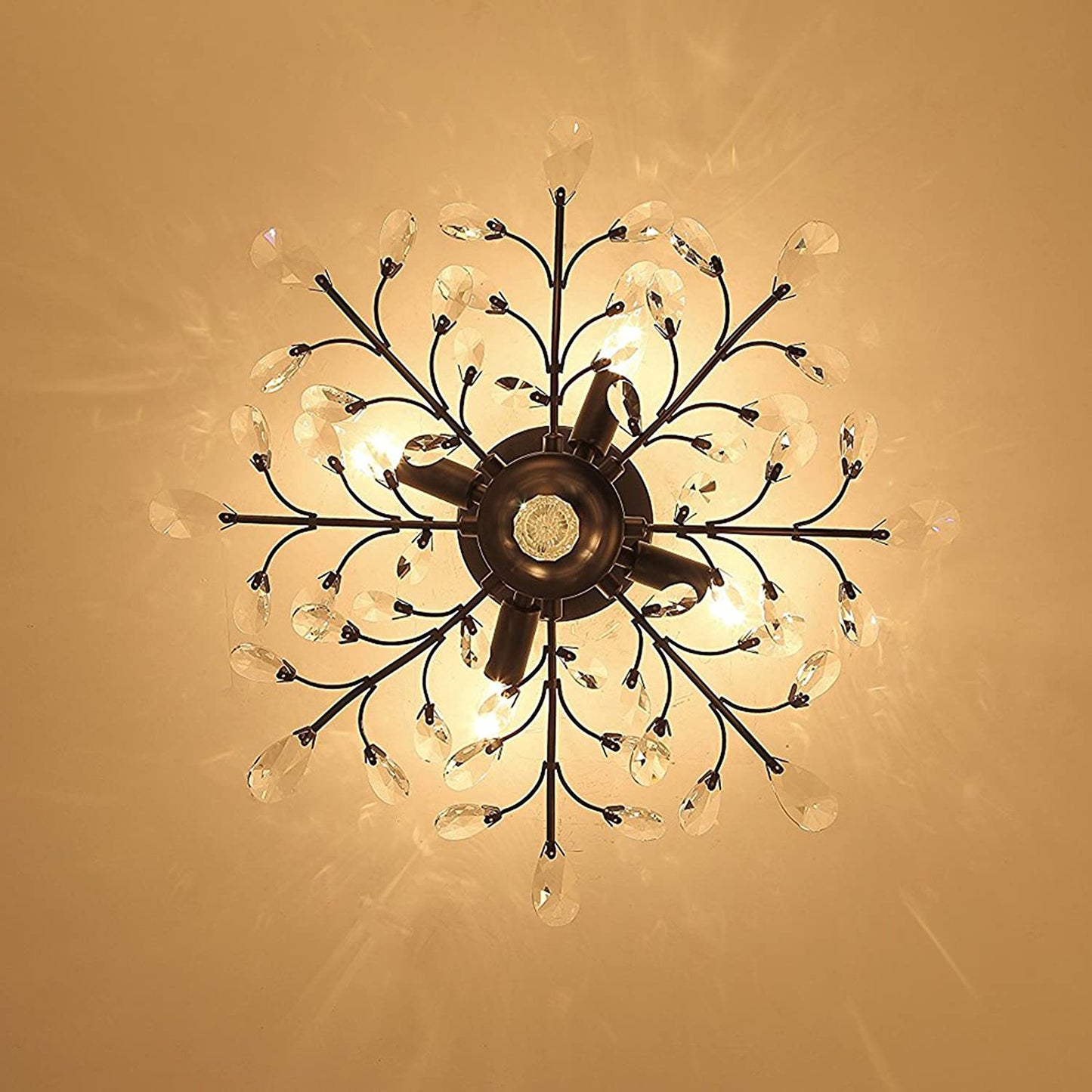 Seol-Light Vintage Crystal Branch Close to Ceiling Light Fixture Black Chandelier Flush Mount with 4 Light 160W 24.5" Dia;