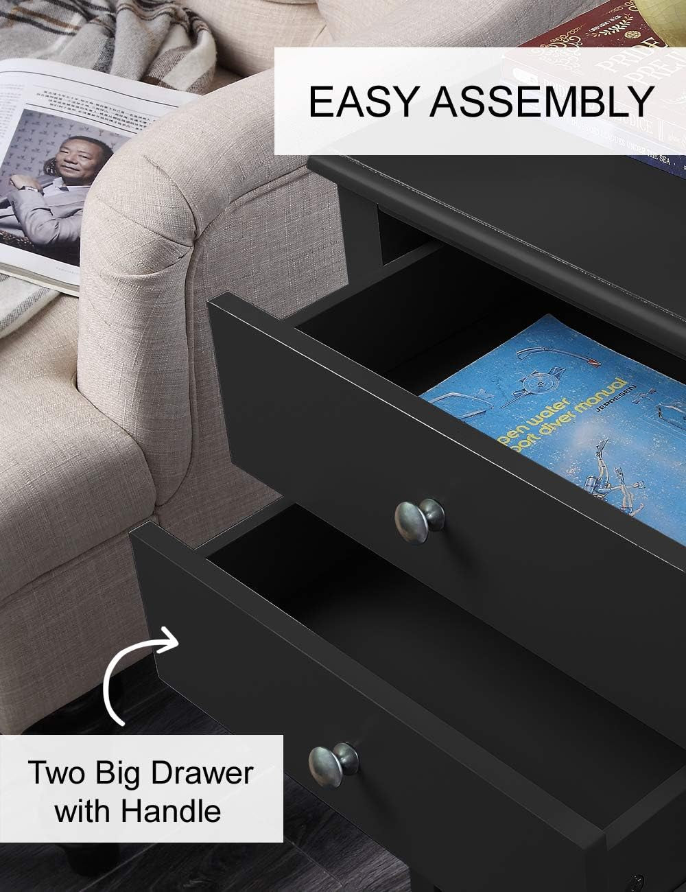 Black Nightstand with 2 Drawers for Bedrooms Tall 28", Big Wooden Bed Night Stand, Large Modern 19" Side End Table for Living Room
