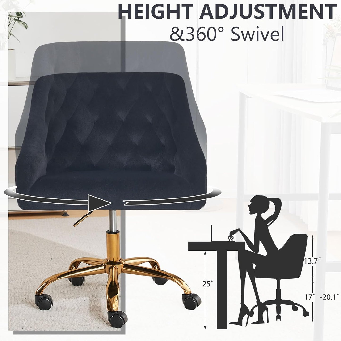 ATTICA Home Office Desk Chair Modern Velvet Office Chair Height Adjustable Computer Chair Mid-Back Swivel Task Chair Upholstered Velvet Desk Chair with Armrest for Study Bedroom Living Room(Black)