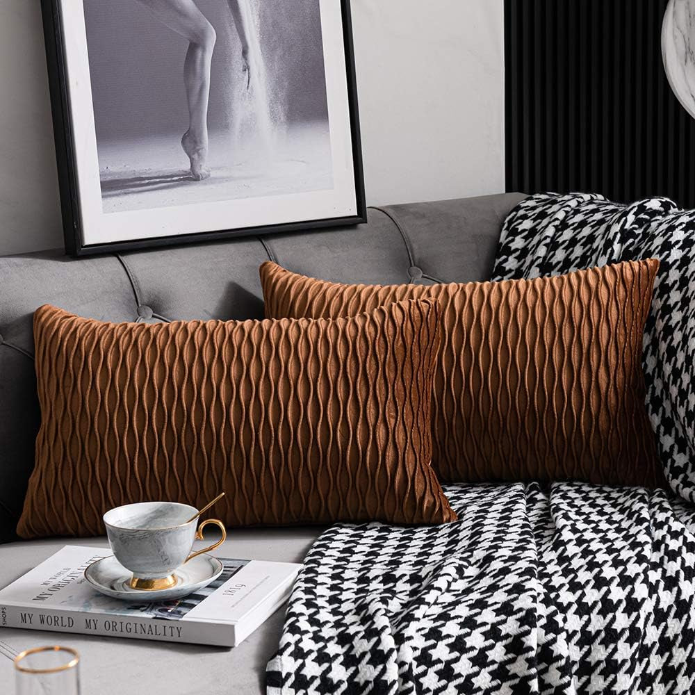 DEZENE Turquoise Throw Pillow Cases 22X22: 2 Pack Inch Original Striped Velvet Square Decorative Pillow Covers for Farmhouse Couch