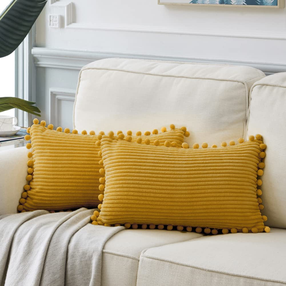 Fancy Homi Dark Gray Decorative Throw Pillow Covers 18X18 Inch with Pom Poms, Boho Farmhouse Home Decor, Soft Corduroy Accent Square Cushion Case for Living Room Couch Bed Sofa 45X45 Cm