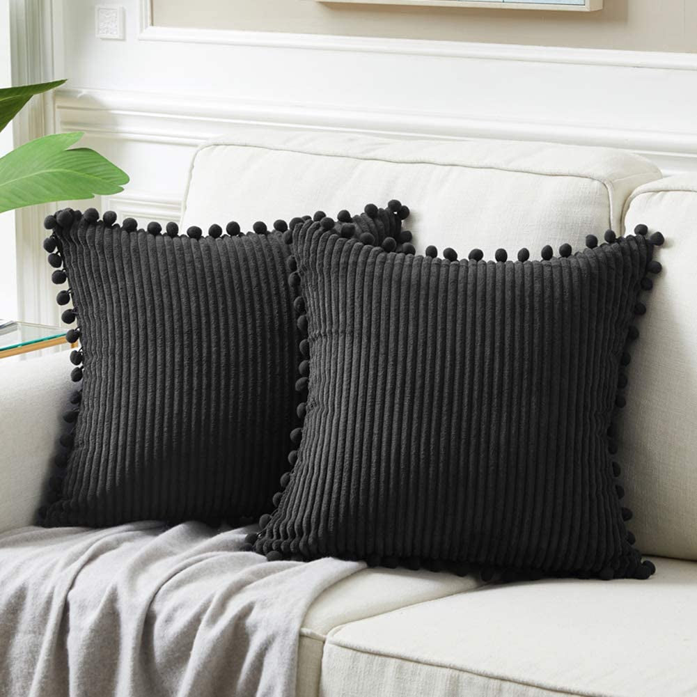 Fancy Homi Dark Gray Decorative Throw Pillow Covers 18X18 Inch with Pom Poms, Boho Farmhouse Home Decor, Soft Corduroy Accent Square Cushion Case for Living Room Couch Bed Sofa 45X45 Cm