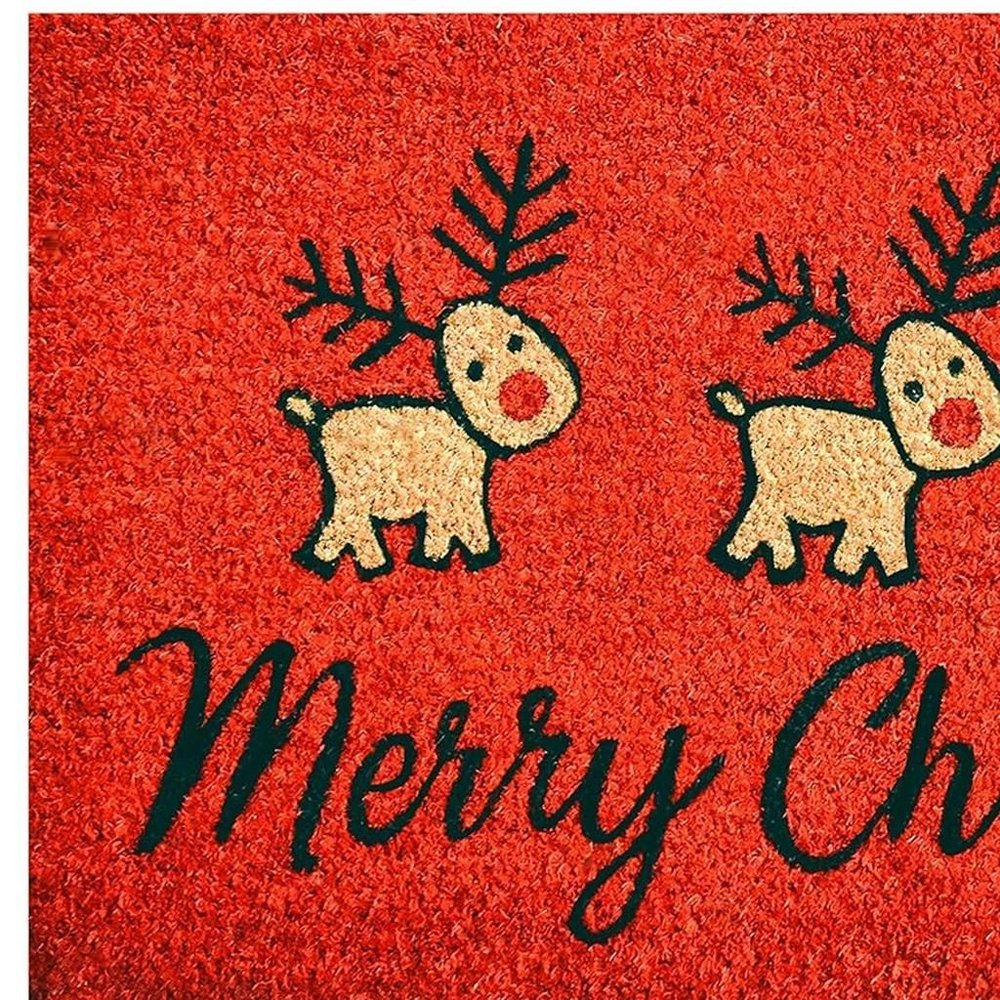 17" X 29" Red And Black Coir Reindeer Outdoor Christmas Door Mat