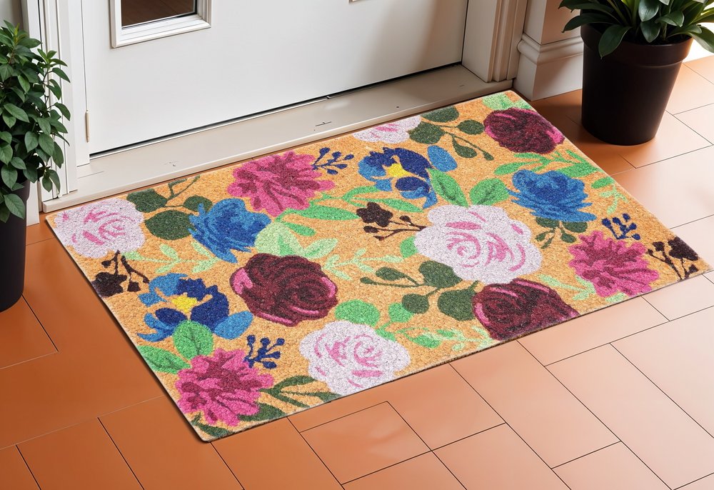 17" X 29" Natural Pink And Blue Floral Outdoor Coir Door Mat