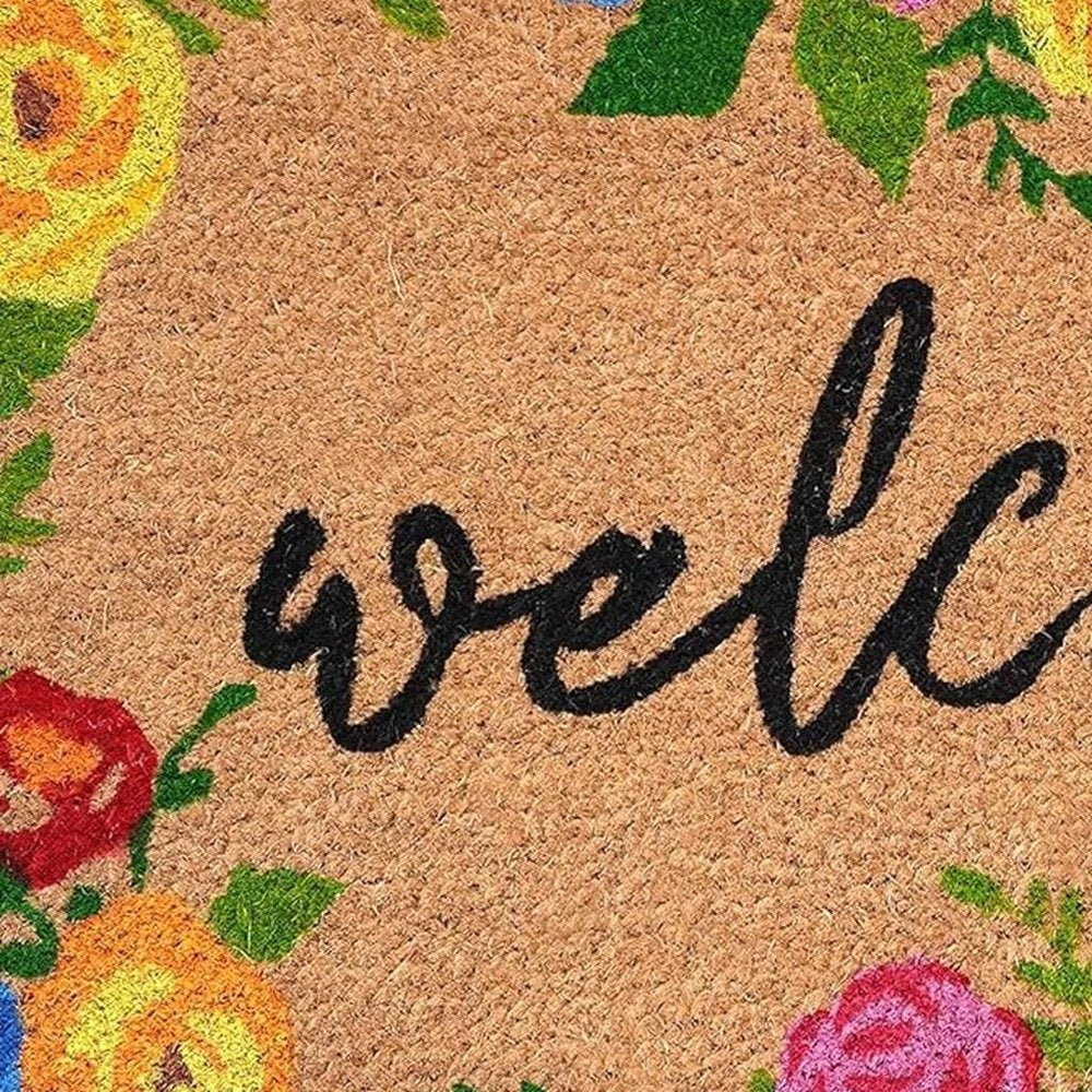 17" X 29" Natural Blue Pink And Yellow Floral Welcome Outdoor Coir Door Mat