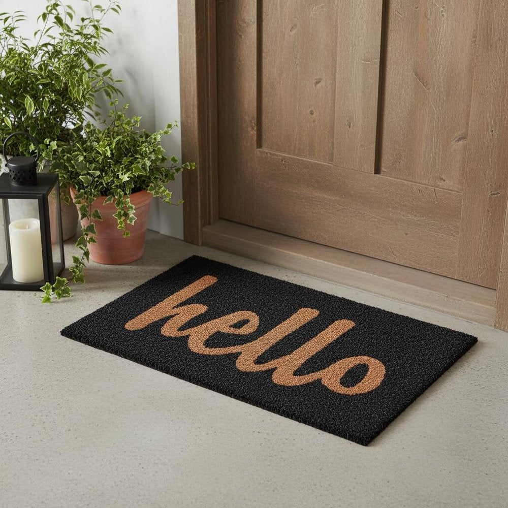 17" X 29" Black And Natural Hello Outdoor Coir Door Mat