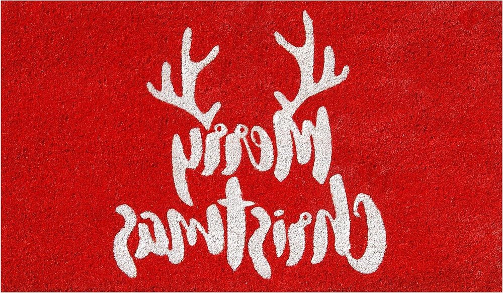 17" X 29" Red And White Coir Reindeer Outdoor Christmas Door Mat