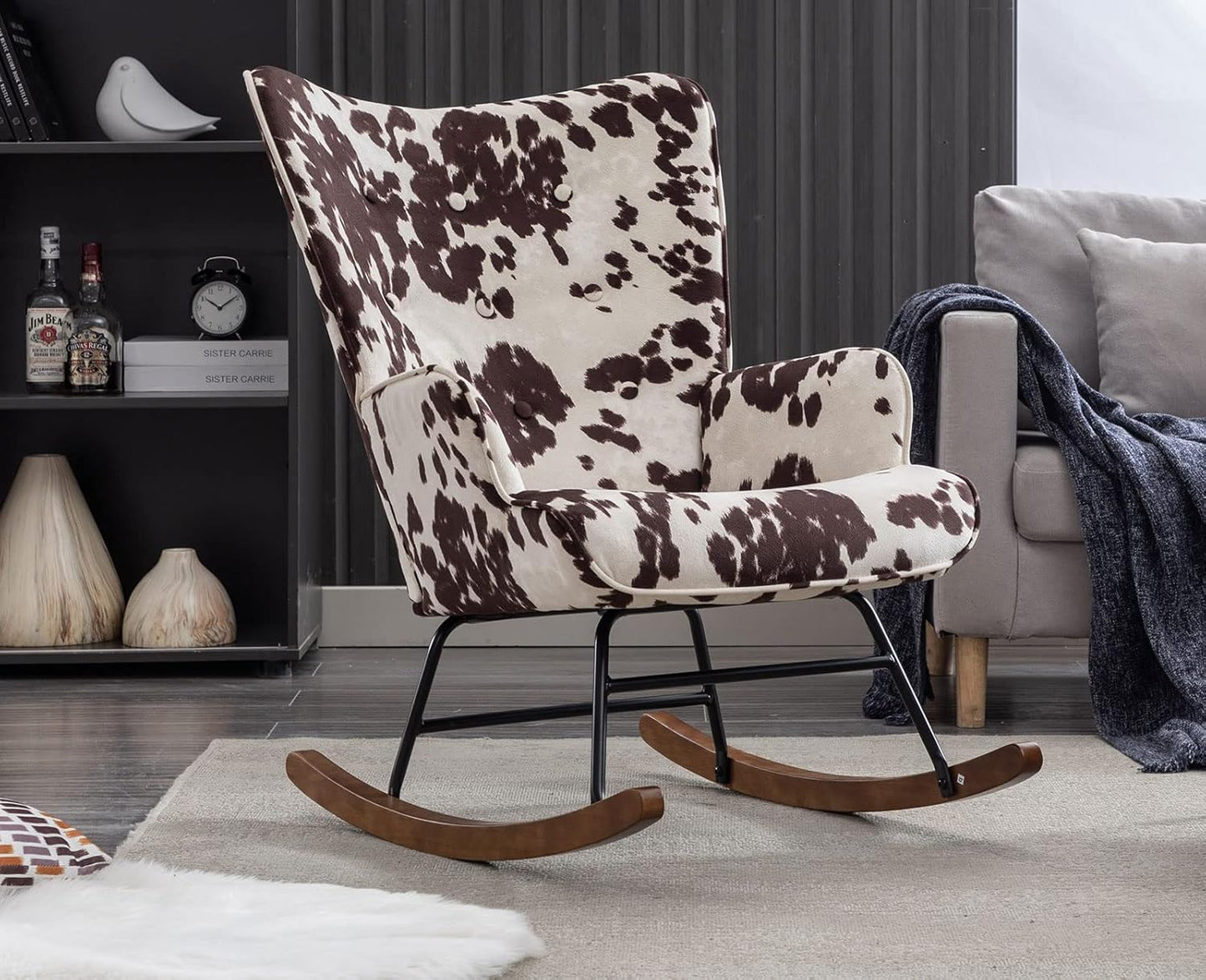 Pu Leather Nursery Rocking Chair with Armrest, Modern Reading Chair Upholstered Lazy Chair Tufted Side Chair Comfy Club Chair Accent Chair for Living Room Bedroom Office Small Spaces, Brown