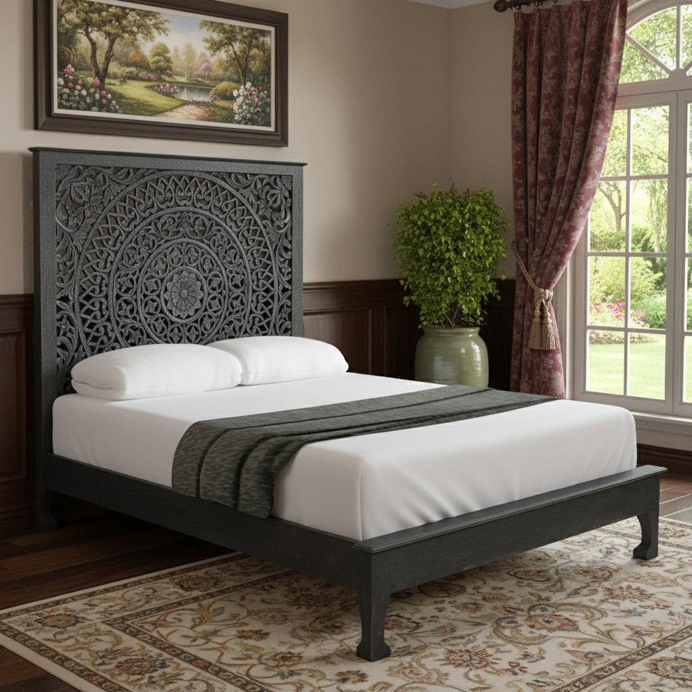 Black Carved Floral Distressed Solid Wood Queen Bed Frame