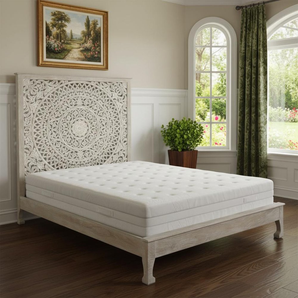 Gray Carved Floral Distressed Solid Wood King Bed Frame