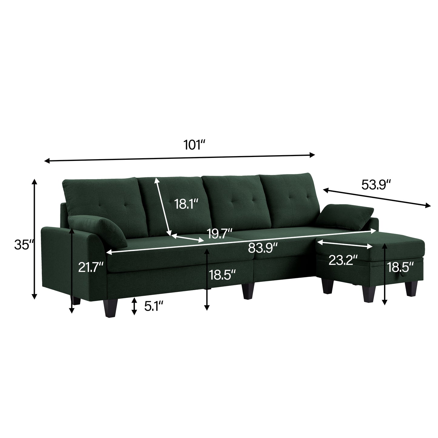 Versatile 4-Seat L-Shaped Sectional Sofa with Reversible Storage Ottoman & Side Pockets – Perfect for Living Room, Office, or Apartment Green