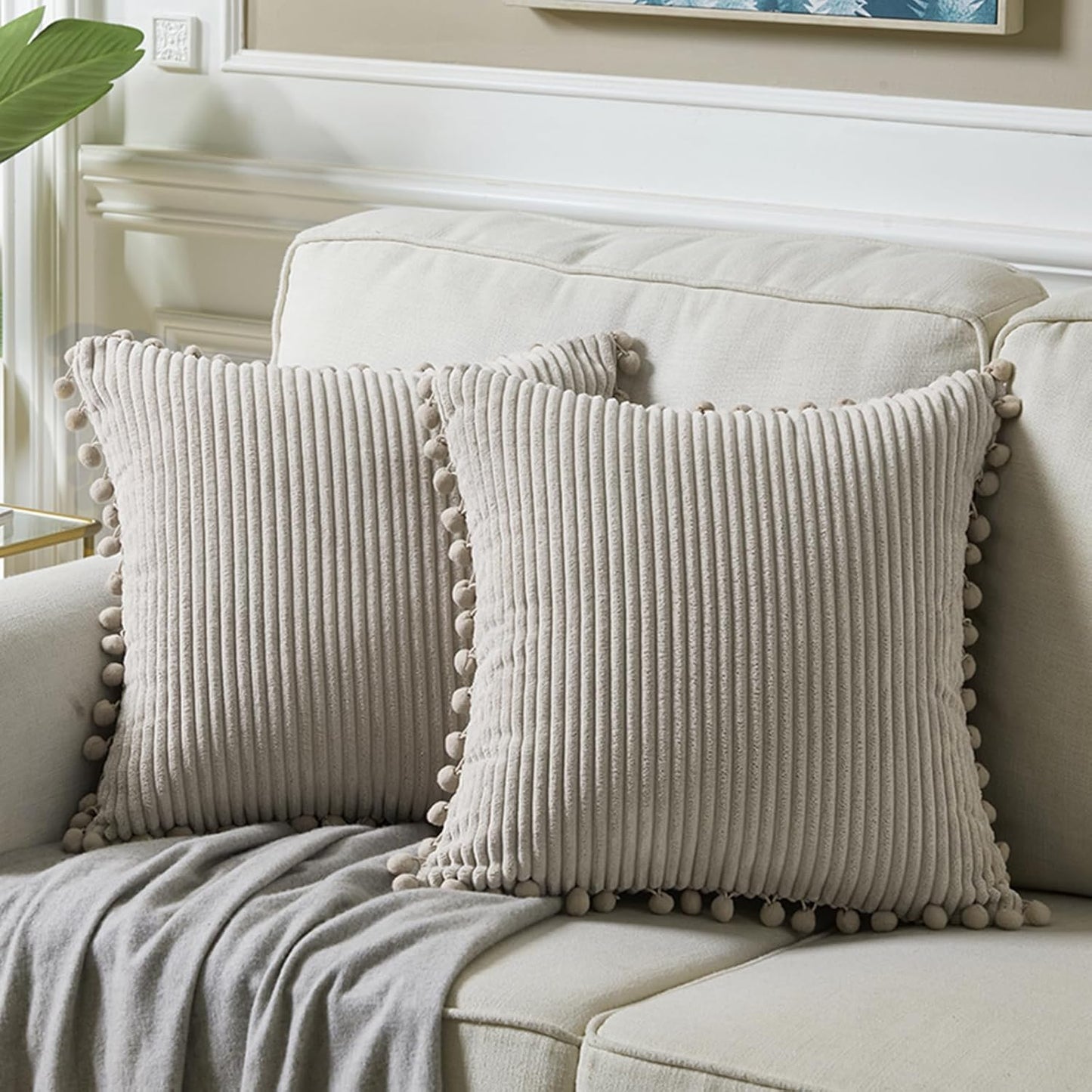 Fancy Homi Dark Gray Decorative Throw Pillow Covers 18X18 Inch with Pom Poms, Boho Farmhouse Home Decor, Soft Corduroy Accent Square Cushion Case for Living Room Couch Bed Sofa 45X45 Cm
