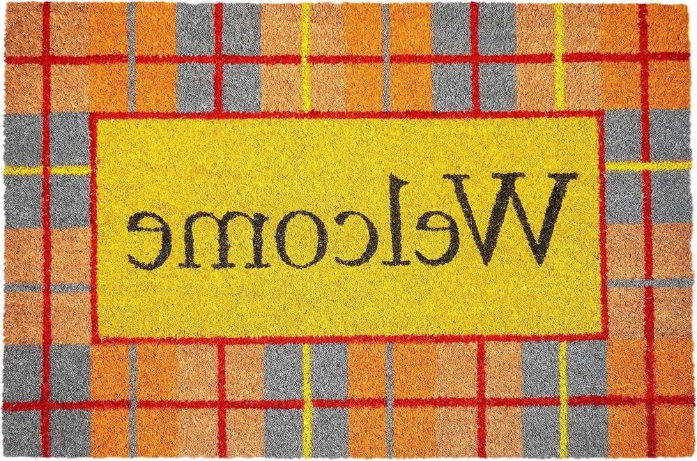 17" X 29" Gray Natural Orange And Yellow Fall Plaid Welcome Outdoor Coir Door Mat
