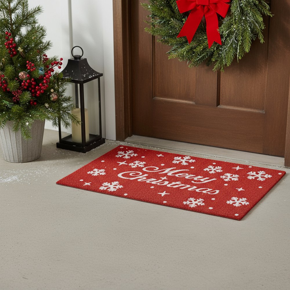 24" X 36" Red And White Christmas Snowflake Merry Christmas Outdoor Coir Door Mat