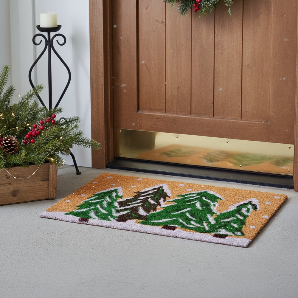 24" X 36" Brown Green And White Christmas Trees Outdoor Coir Door Mat