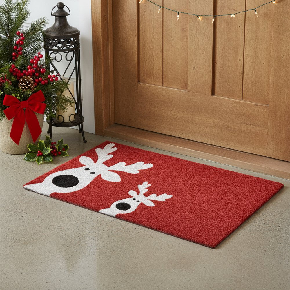 24" X 36" Red White And Black Christmas Reindeer Outdoor Coir Door Mat