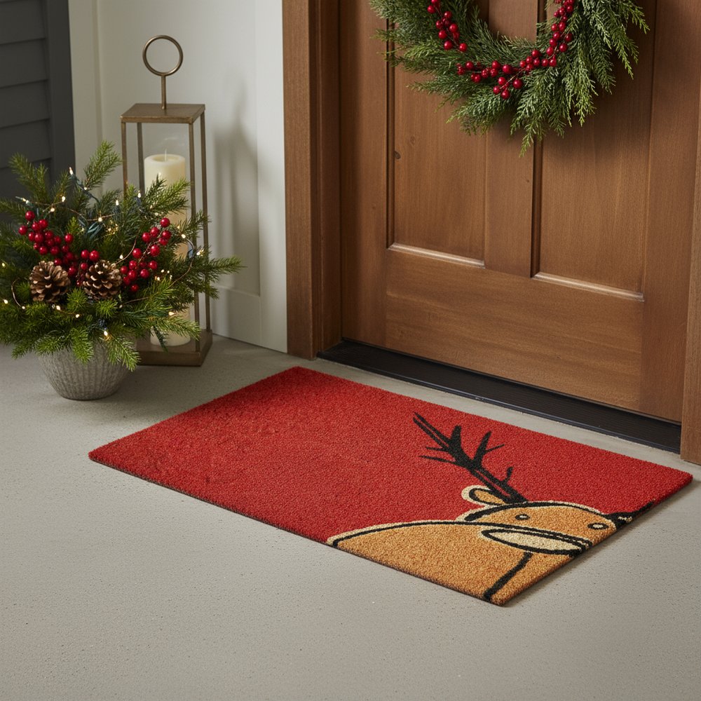 17" X 29" Red Brown And Black Christmas Outdoor Coir Door Mat