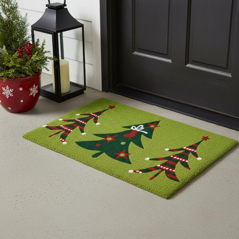 17" X 29" Green And Red Christmas Trees Outdoor Coir Door Mat