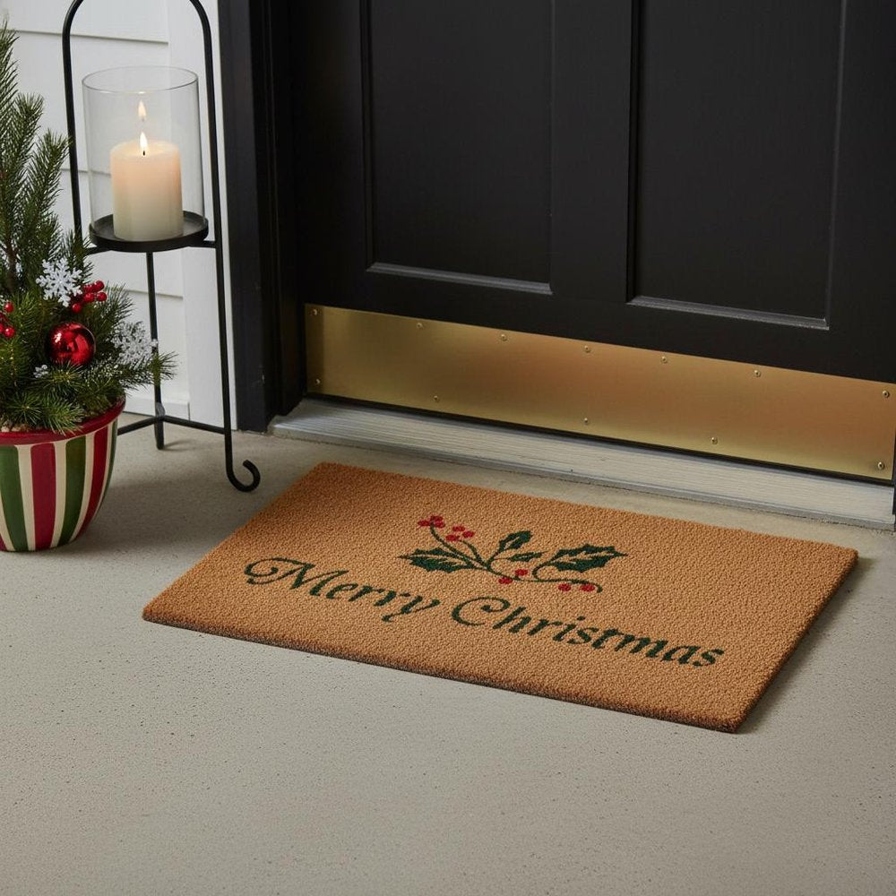 17" X 29" Brown And Dark Green Christmas Merry Christmas Outdoor Coir Door Mat