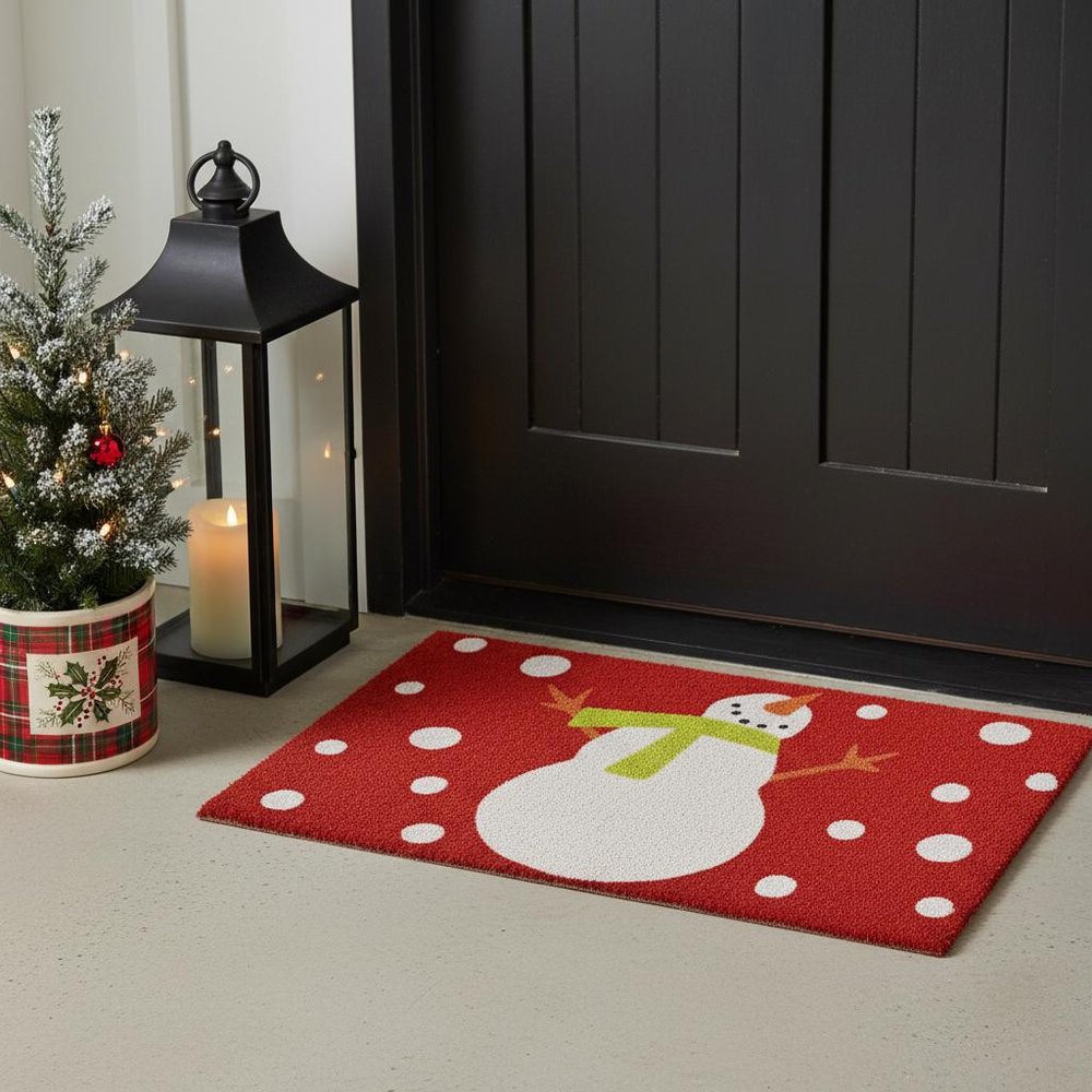 17" X 29" Red And Christmas Snowman Outdoor Coir Door Mat