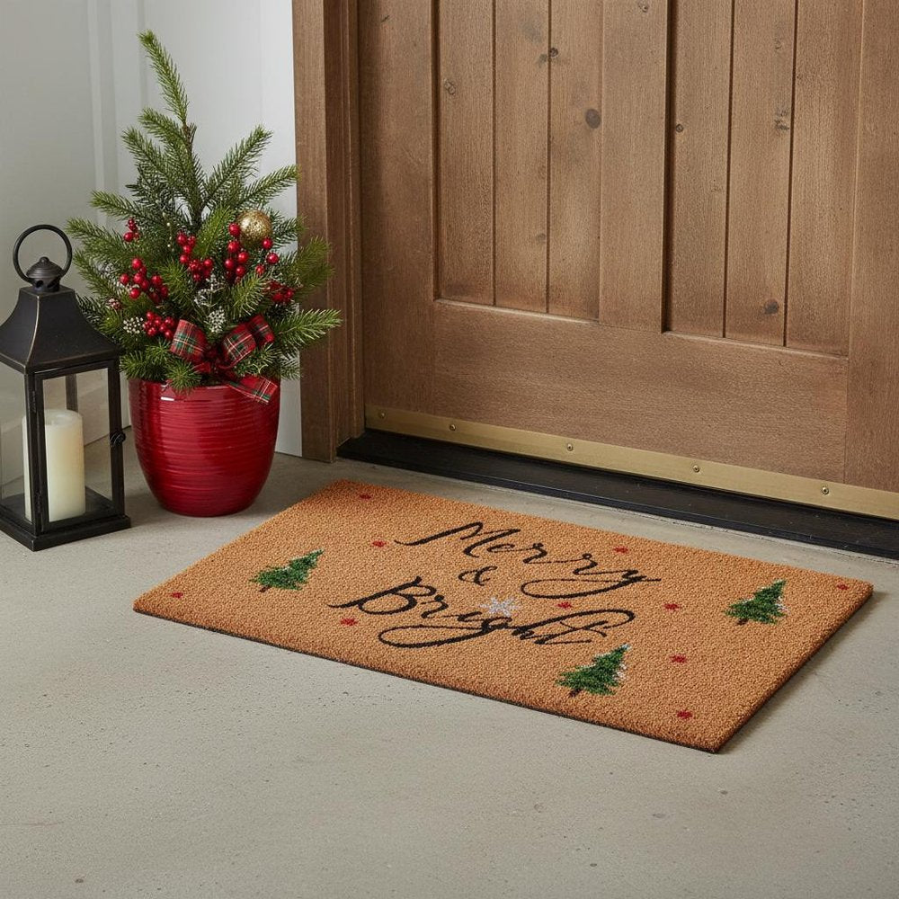 17" X 29" Brown Black And Green Christmas Merry and Bright Outdoor Coir Door Mat