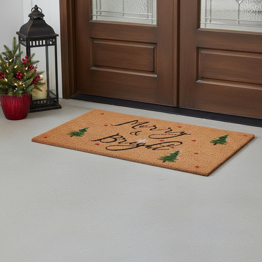 30" X 48" Brown Black And Green Christmas Merry and Bright Outdoor Coir Door Mat
