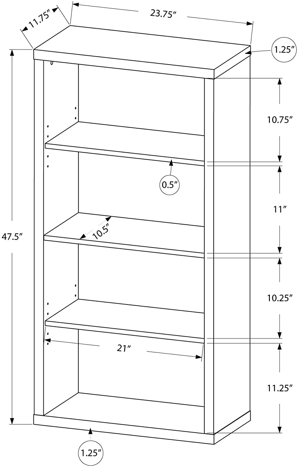 Adjustable 3-Shelf Bookcase - 48”H (Brown)