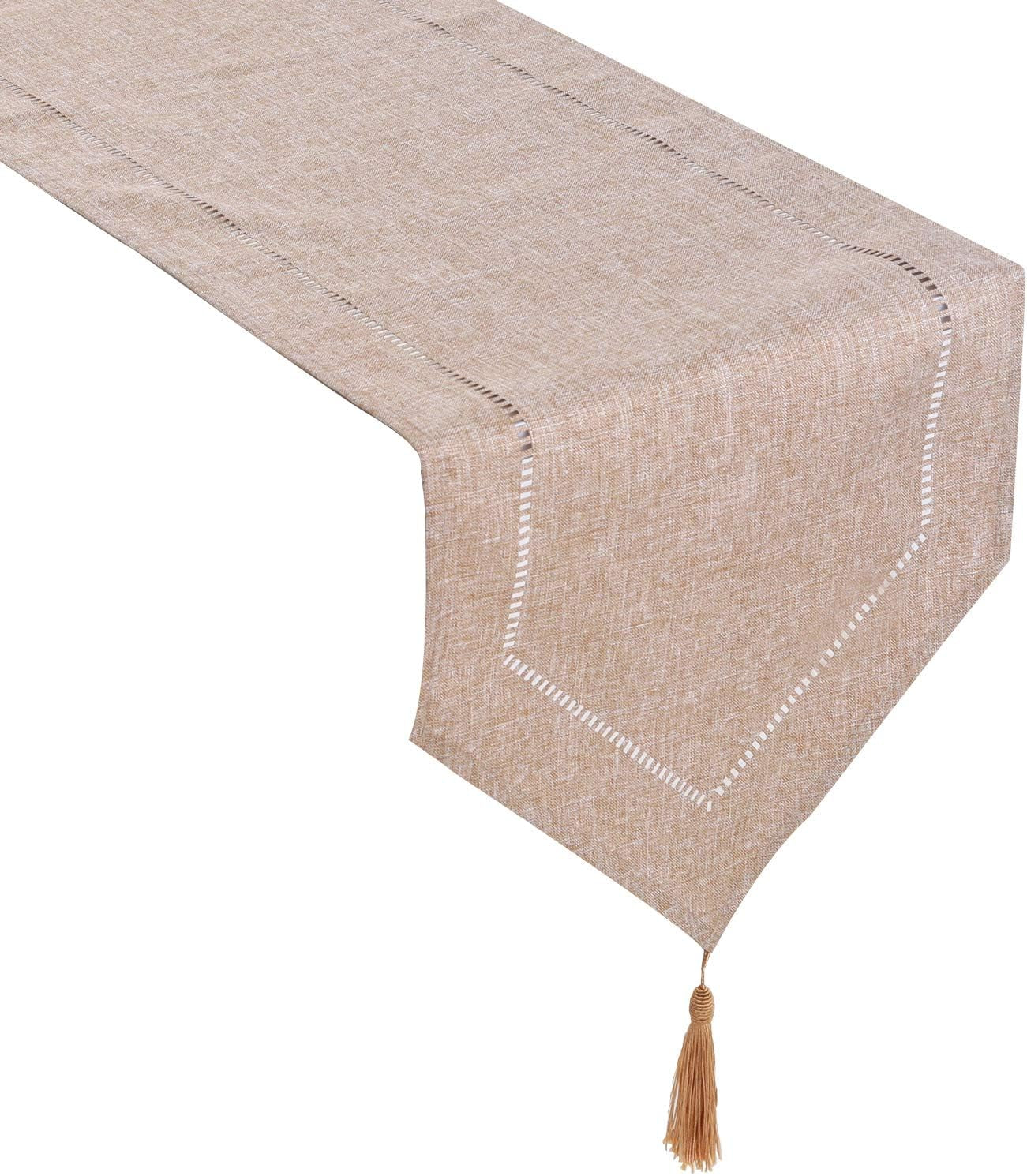 Tosewever Decorative Hemstitch Linen Table Runner Farmhouse Style Tabletop Collection Handcrafted Table Runners for Everyday Dining Wedding Party Holiday Home Decor (14 X 72 Inches, Grey)
