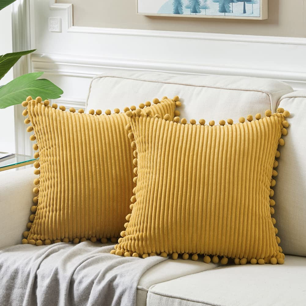 Fancy Homi Dark Gray Decorative Throw Pillow Covers 18X18 Inch with Pom Poms, Boho Farmhouse Home Decor, Soft Corduroy Accent Square Cushion Case for Living Room Couch Bed Sofa 45X45 Cm